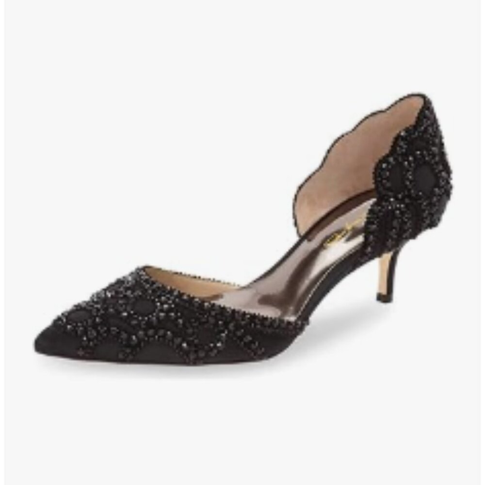 XYD Black Pointed Toe D'Orsay Kitten Heel Rhinestone Studs Slip-On Satin Pump